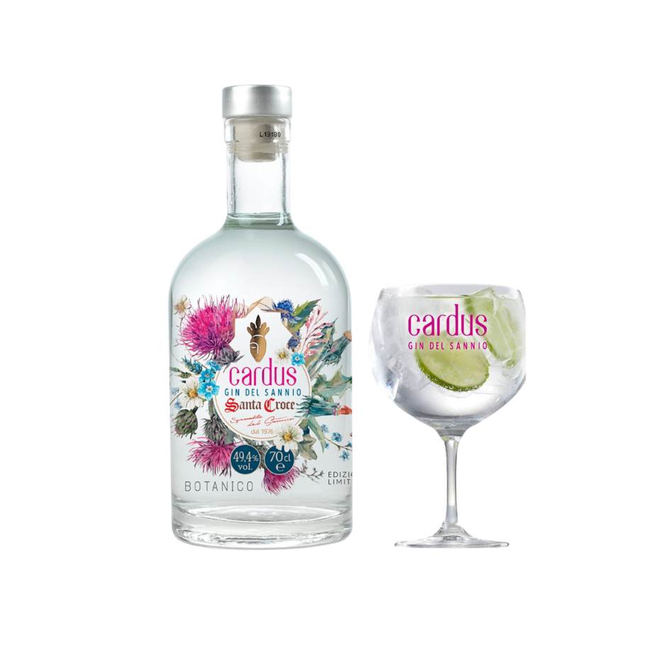 Bottiglia fronte da 70 cl di Gin Cardus – distillato botanico artigianale campano realizzato a Benevento, Sannio. Gin con note aromatiche di botaniche locali, prodotto tipico italiano. Gin tonic drink 