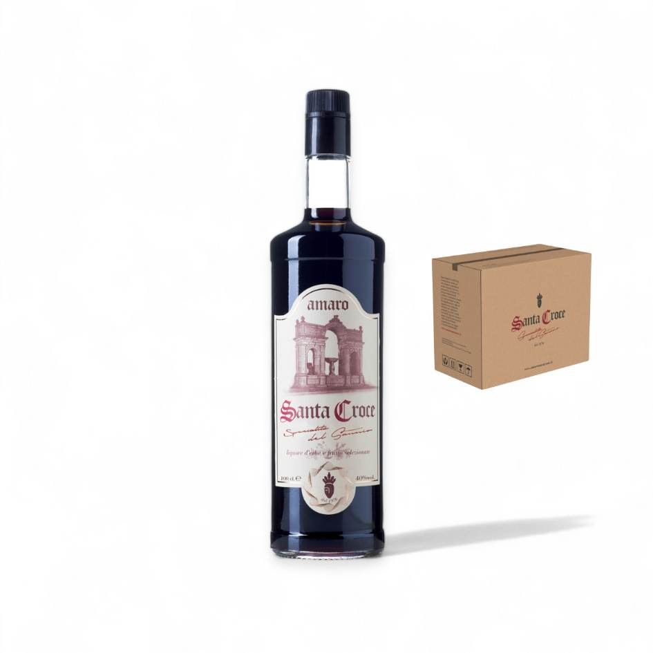Confezione da 6 bottiglie da 1 litro di Amaro Santa Croce – liquore artigianale prodotto a Benevento, nel cuore del Sannio, Campania. Amaro intenso e aromatico, prodotto tipico italiano. Liquore benevento