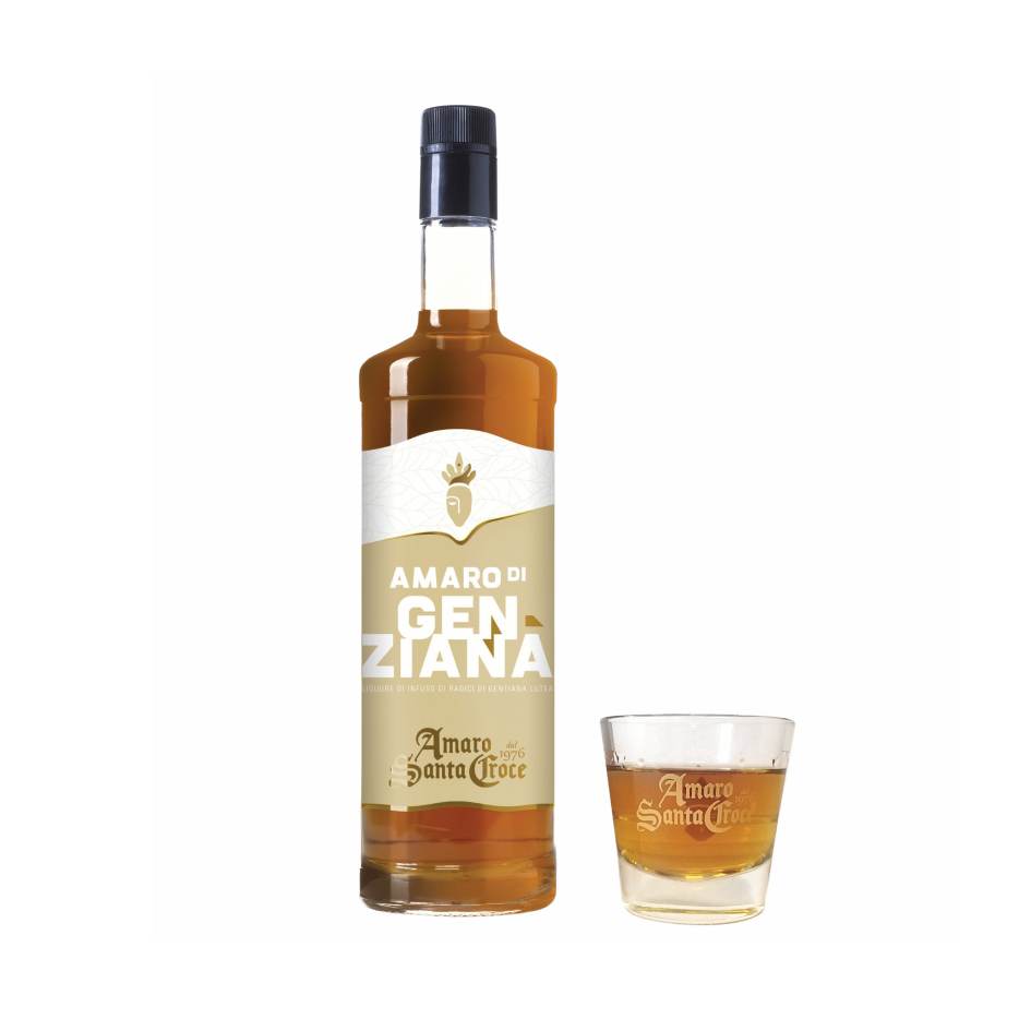 Amaro di Genziana Santa Croce da 1 litro, liquore artigianale campano prodotto a Benevento, nel cuore del Sannio. Specialità italiana dal colore ambrato e profumo di genziana e radici di montagna.