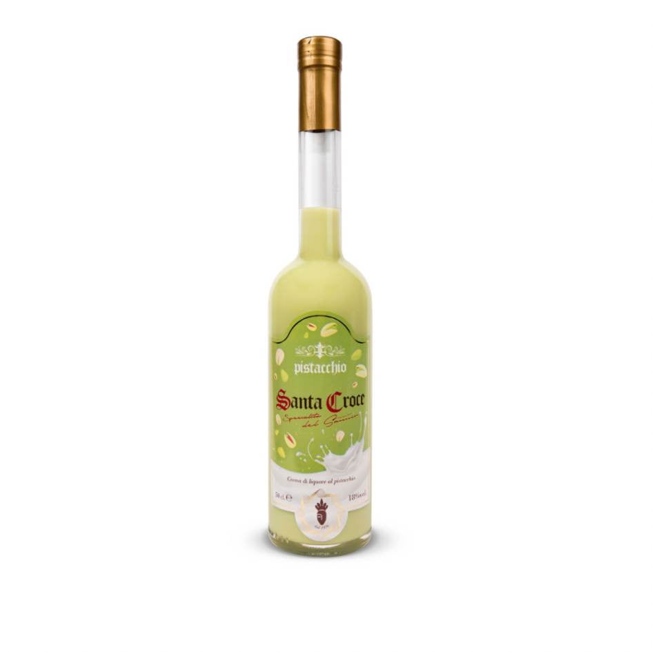 Bottiglia di Liquore Crema di Pistacchio Santa Croce – liquore artigianale prodotto a Benevento, nel cuore del Sannio, Campania. Gusto dolce e cremoso, prodotto tipico italiano.