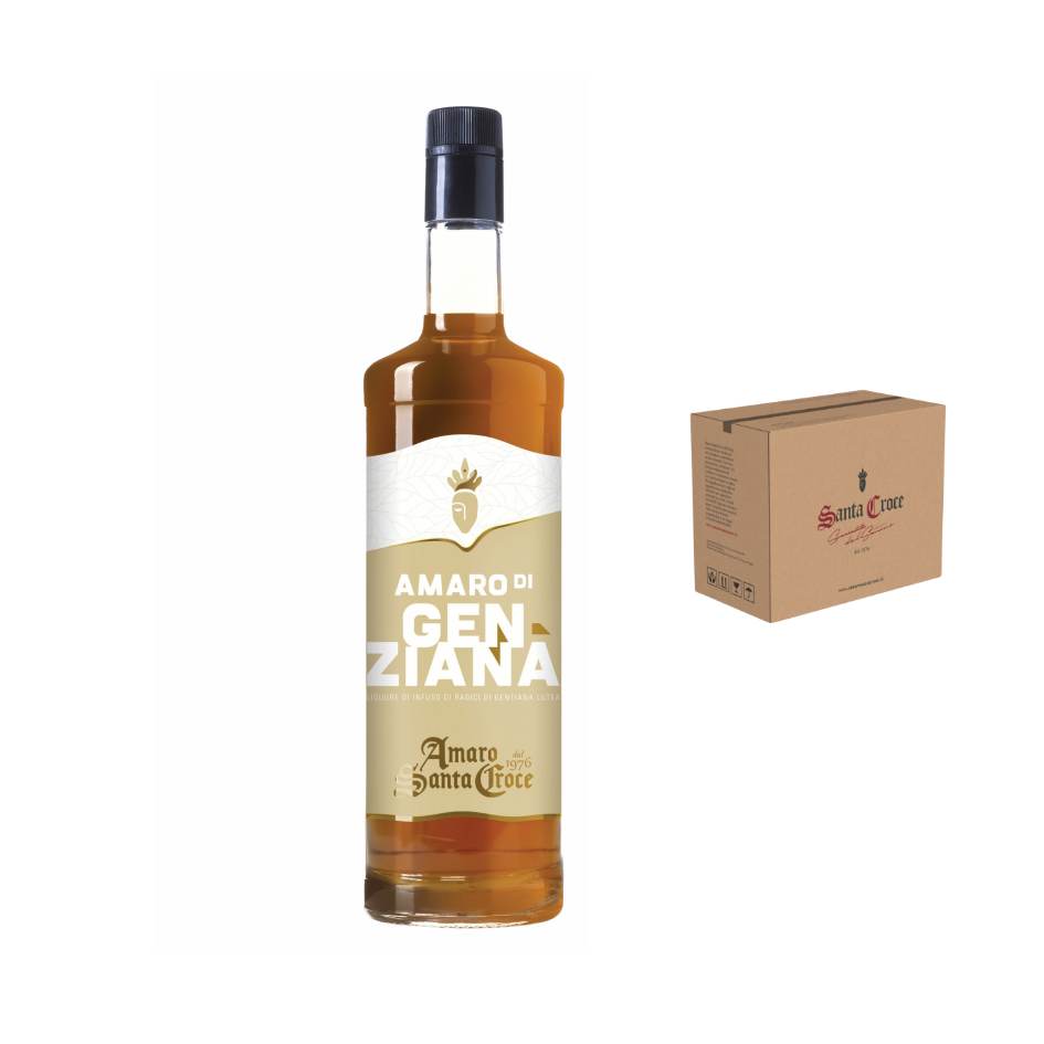 Cassa da 6 bottiglie di Amaro di Genziana Santa Croce, liquore beneventano artigianale tipico del Sannio, prodotto in Campania vicino Benevento. Specialità italiana dal gusto intenso e aromatico.
