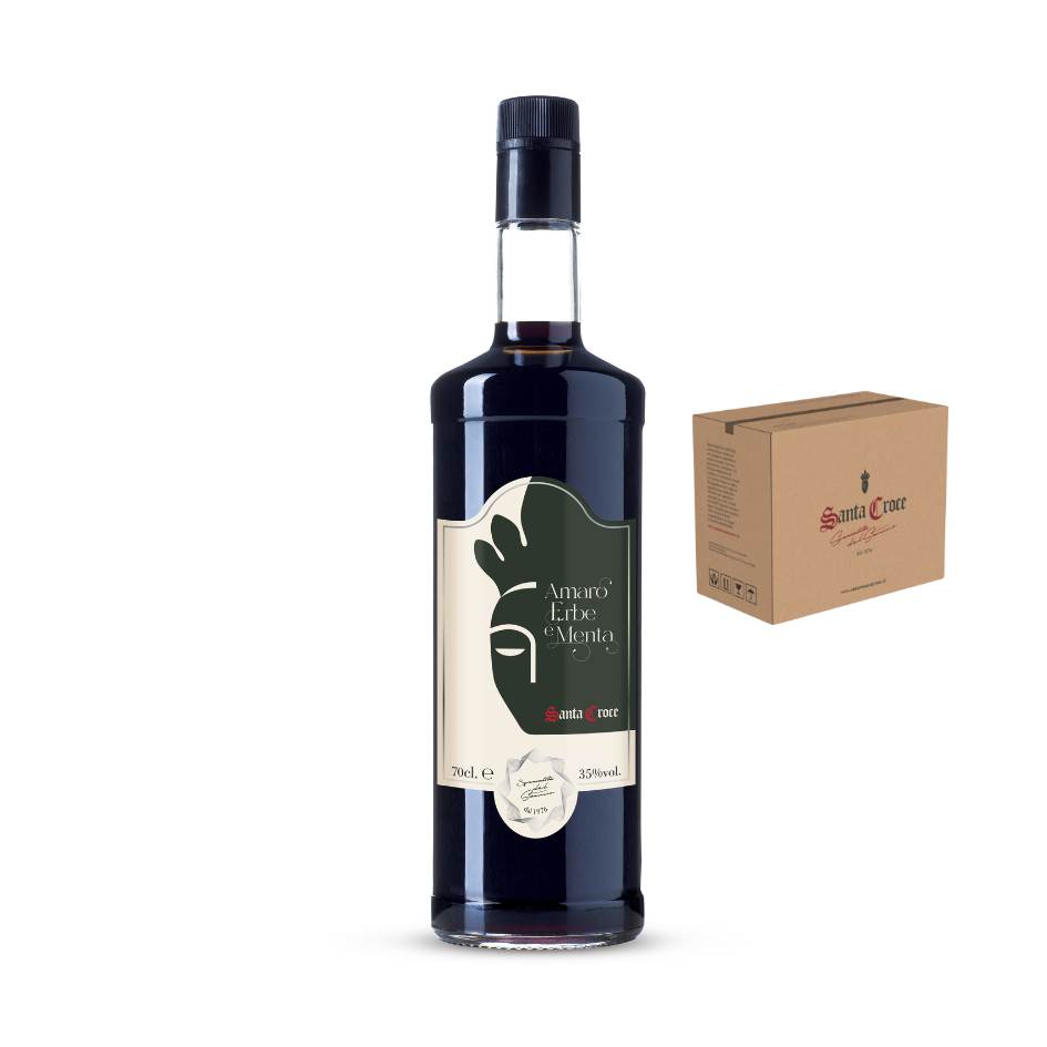 Confezione da 6 bottiglie da 700 ml di Amaro Erbe e Menta Santa Croce – liquore artigianale prodotto a Benevento, nel cuore del Sannio, Campania. Amaro dal gusto fresco e aromatico, prodotto tipico italiano.
