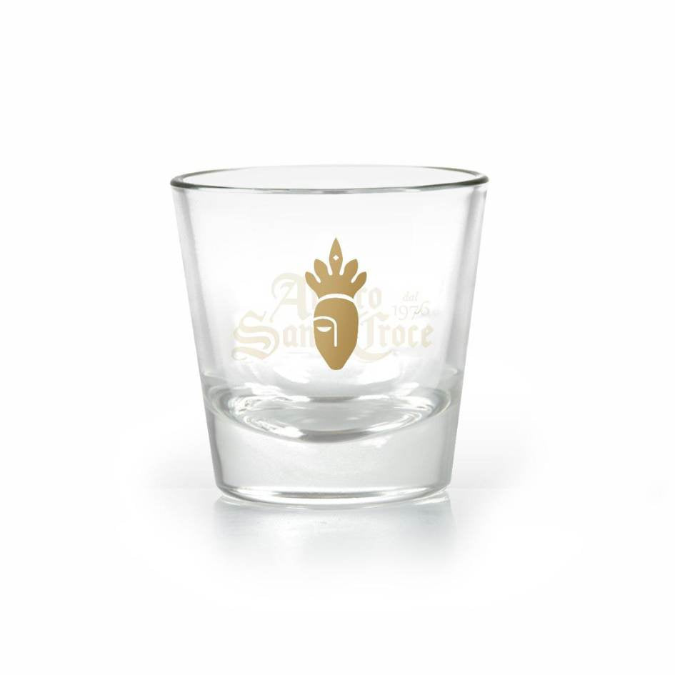 Bicchiere in vetro 135 ml con logo dorato Amaro Santa Croce – accessorio per degustazione di amari e liquori artigianali campani, tipici del Sannio e di Benevento.