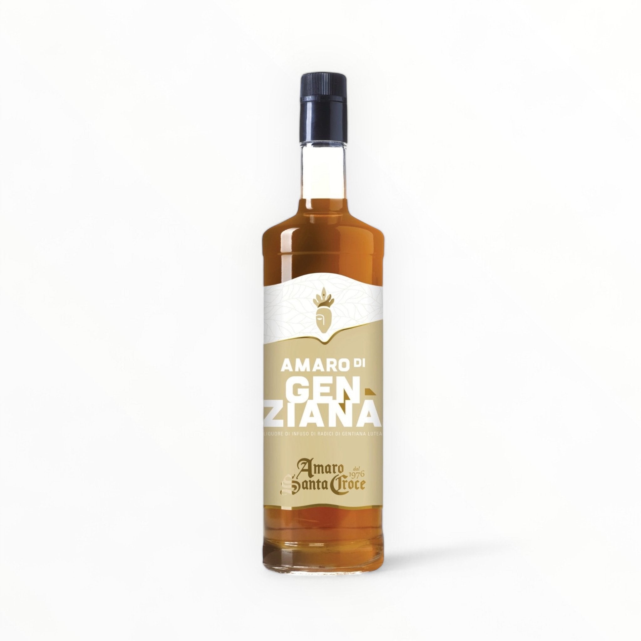 Amaro di Genziana Santa Croce 1L – liquore artigianale italiano tipico del Sannio, Campania. Colore ambrato brillante e aromi intensi di radici di montagna.