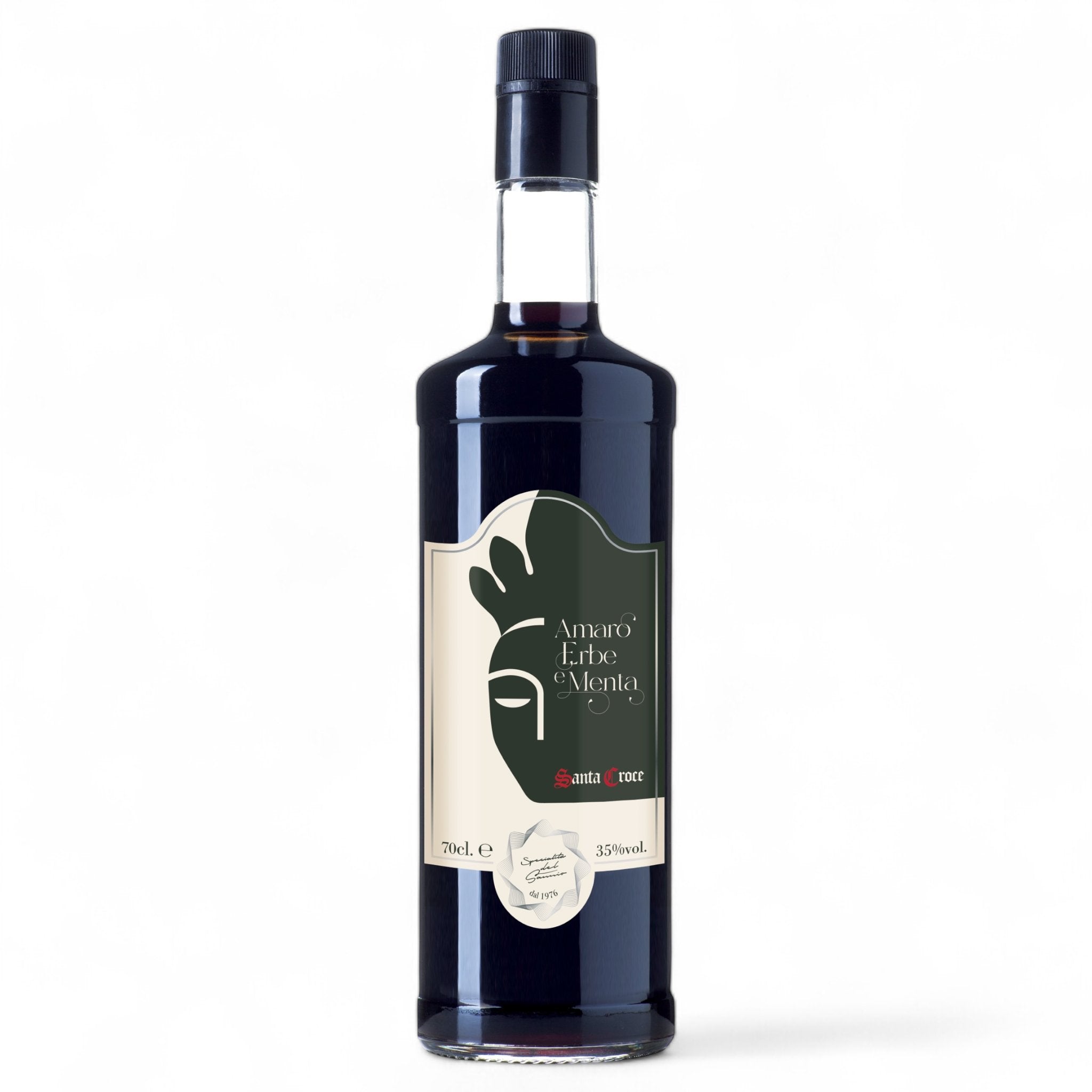 Bottiglia fronte da 700 ml di Amaro Erbe & Menta Santa Croce – liquore artigianale campano realizzato a Benevento, Sannio. Amaro con note di erbe officinali e menta selvatica, prodotto tipico italiano.