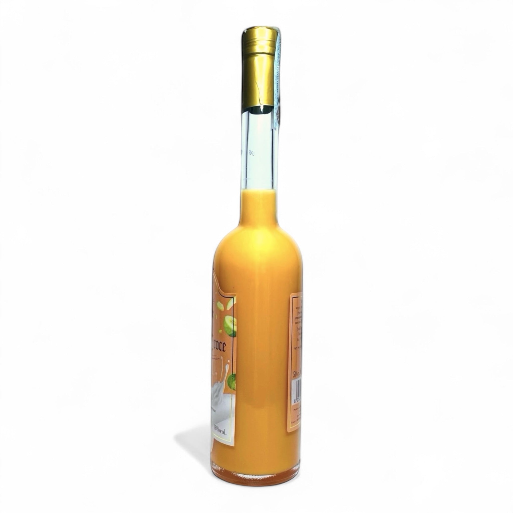 Bottiglia da 500 ml di Crema di Liquore al Melone Santa Croce – liquore artigianale campano realizzato a Benevento, Sannio. Liquore cremoso dal sapore intenso e fruttato di melone, prodotto tipico italiano. bottiglia vista laterale, liquore cremoso tipico italiano