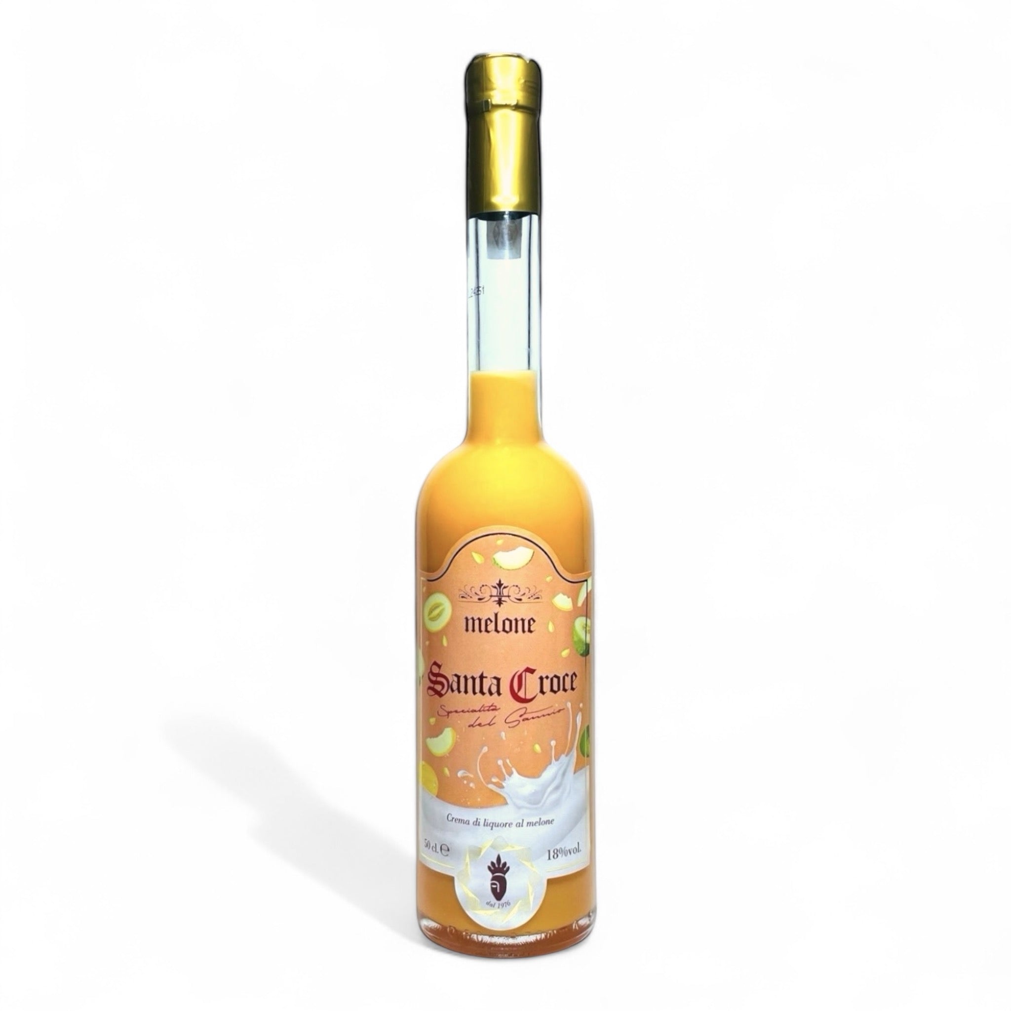 Bottiglia da 500 ml di Crema di Liquore al Melone Santa Croce – liquore artigianale prodotto a Benevento, nel cuore del Sannio, Campania. Gusto dolce e cremoso, prodotto tipico italiano.