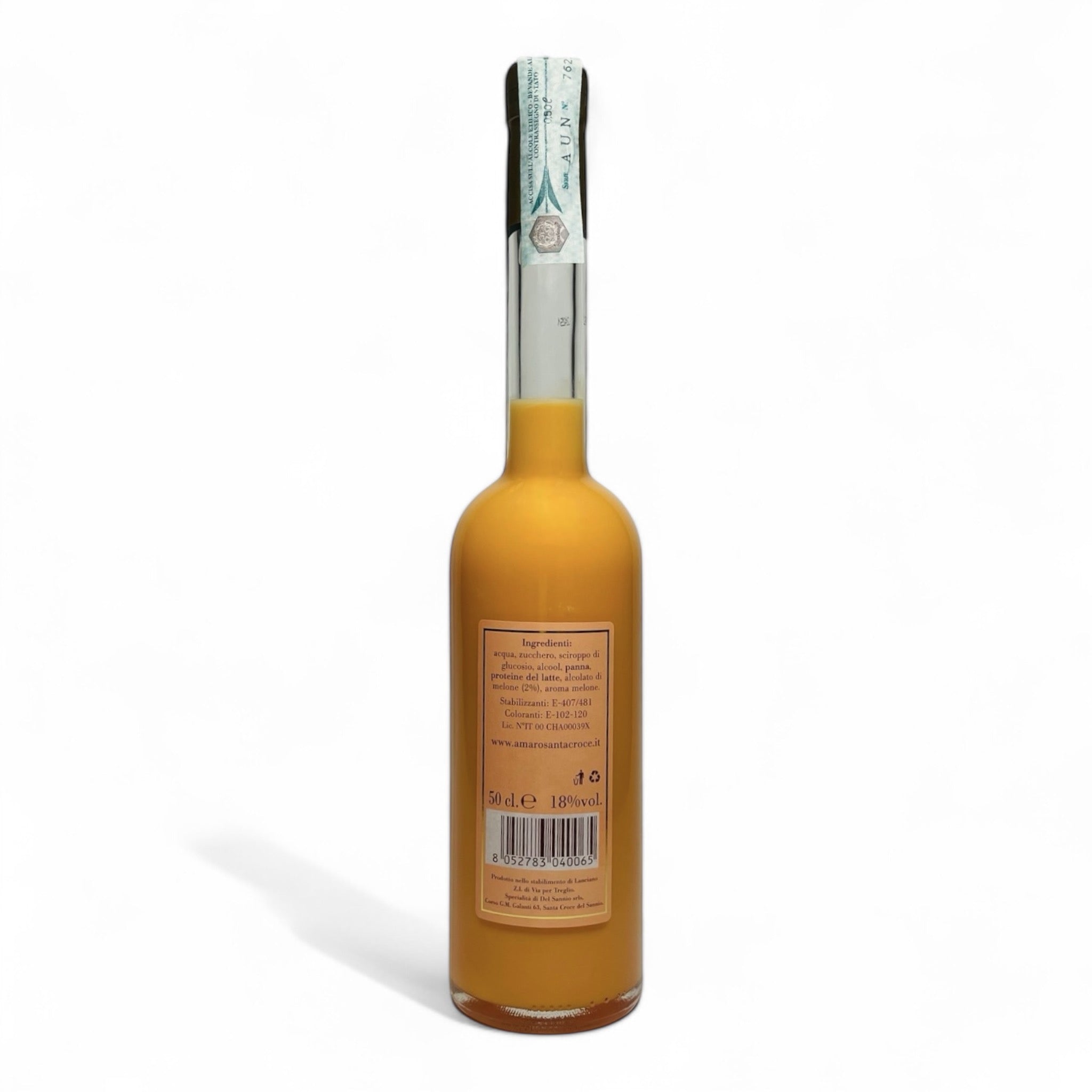 Crema di Liquore al Melone Santa Croce 500ml – retro etichetta con dettagli del prodotto artigianale del Sannio